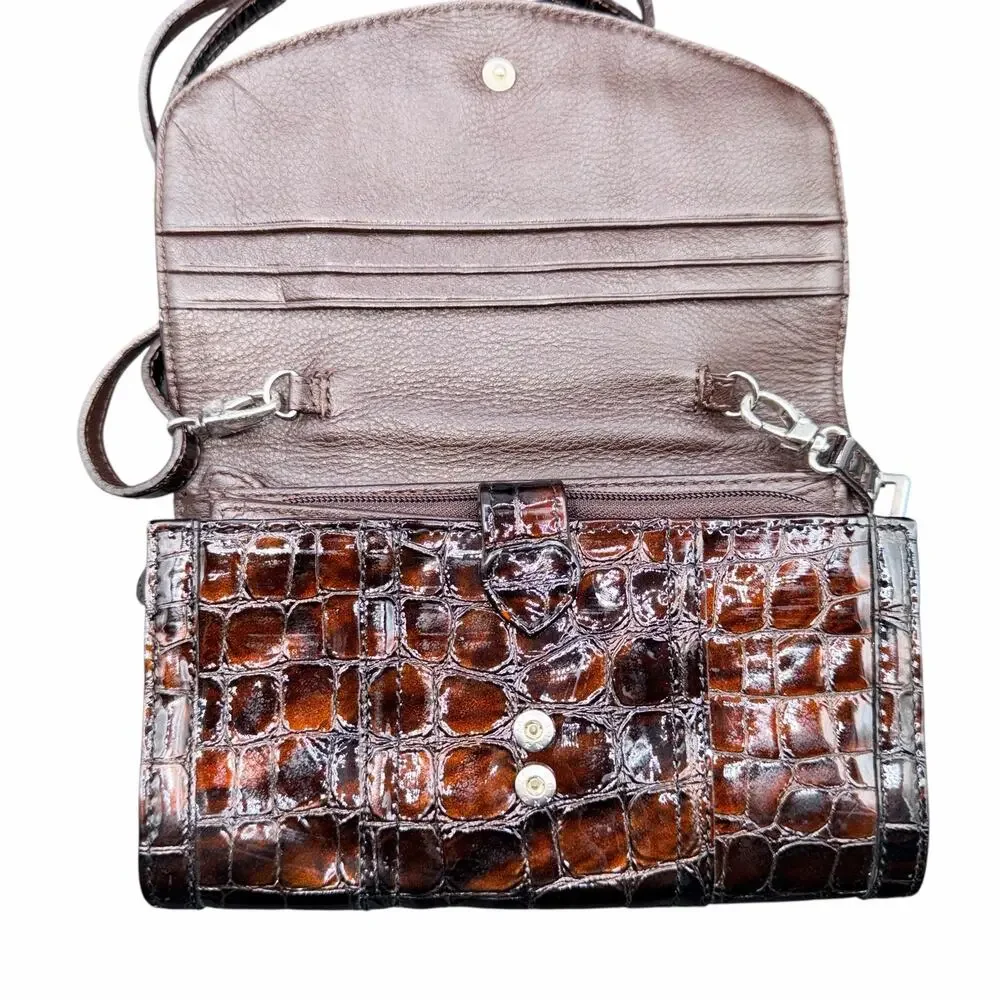 Brighton Croc Embossed Brown Leather Wallet Crossbody Heart Clasp